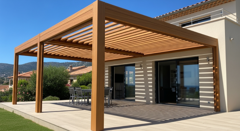 Installation de pergola bioclimatique en bois adossée de haute qualité et durable dans le temps à Antibes