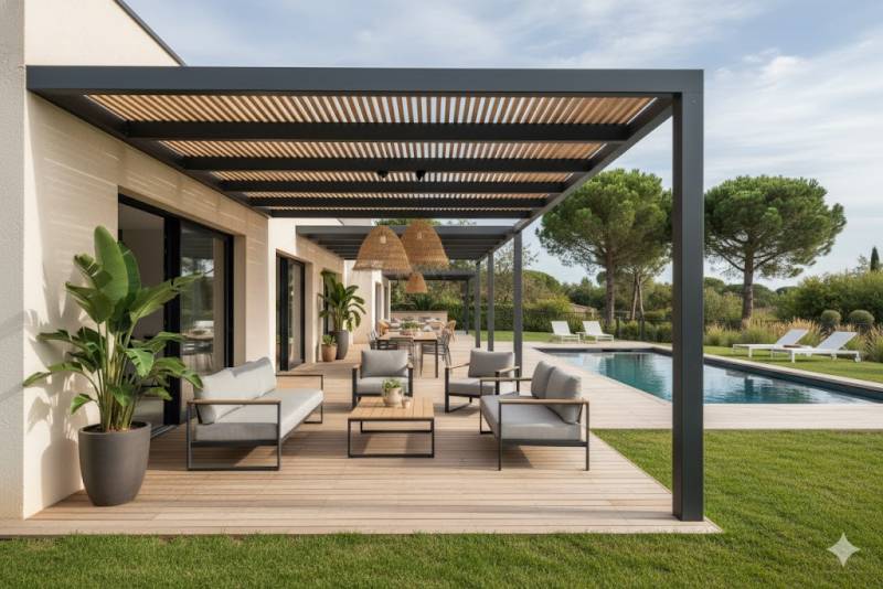 Pergola bioclimatique adossée en bois exotique sur-mesure à Antibes (06). L'alliance parfaite entre luxe, expertise et durabilité pour votre villa.