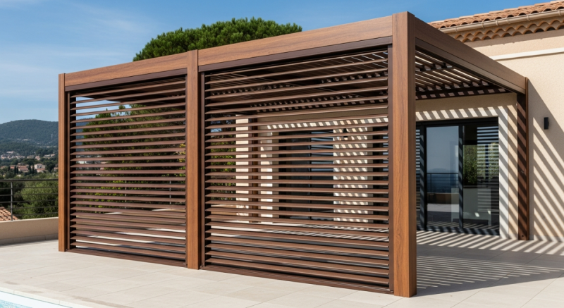 Pose d'une pergola bioclimatique adossée en bois exotique sur une villa contemporaine à Antibes